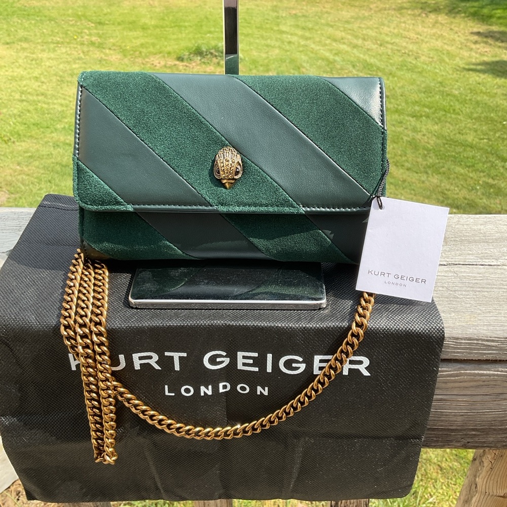 Kurt Geiger NWT London Kensington Velvet & Leather Crossbody – Emerald Green 🌟 - Picture 5 of 13